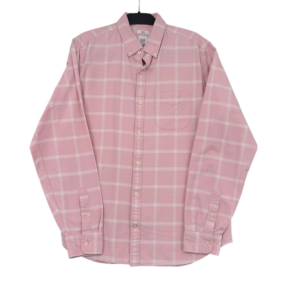 Gap Slim Fit Stretch Men L Cotton Spandex Pink‎ Plaid Button Down Shirt